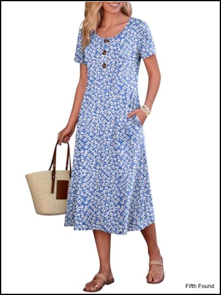 Women's Summer Midi Dress Short Sleeve Button Up Crewneck Loose With Pockets